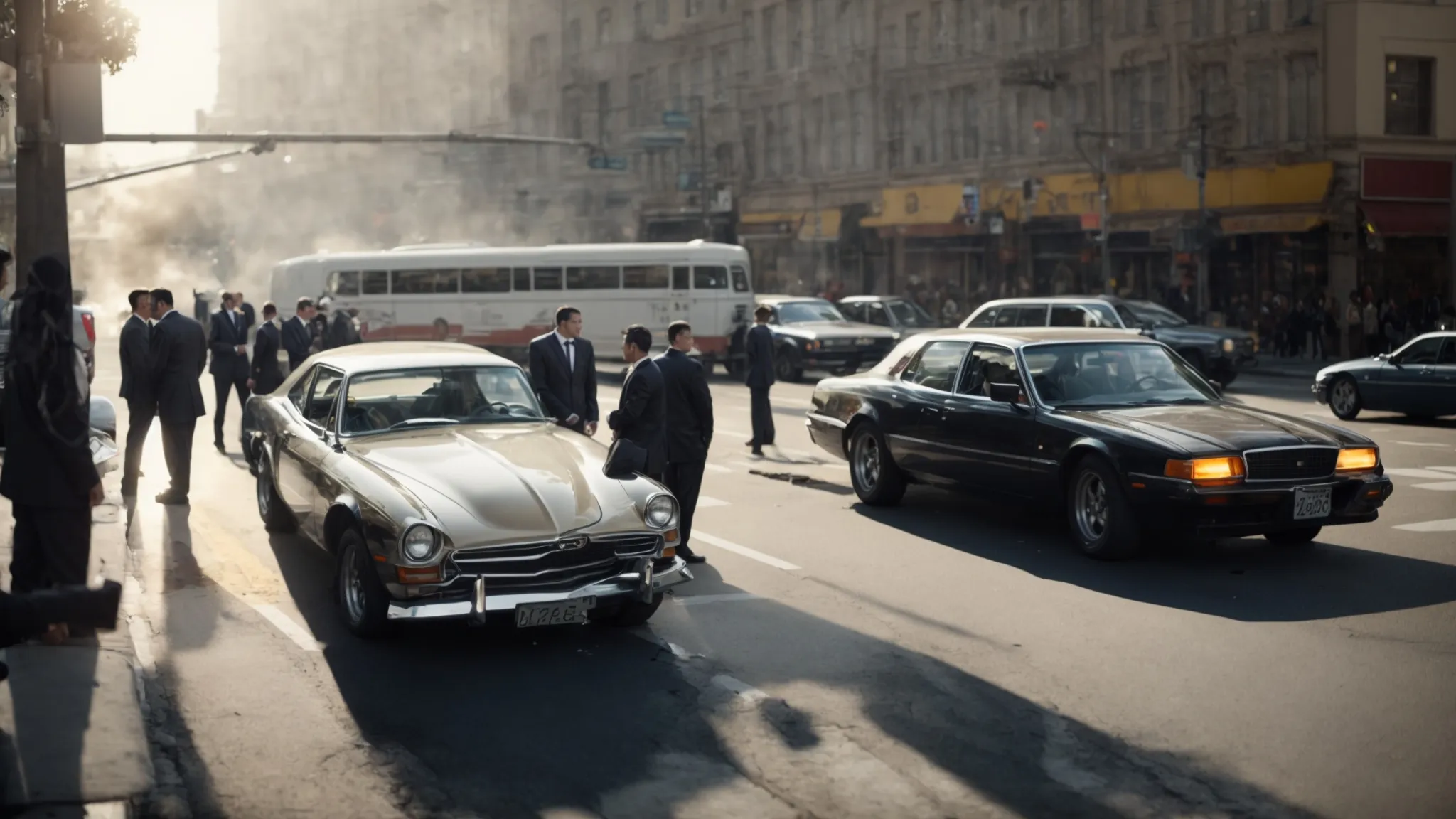 two cars collided at an intersection with drivers exchanging information while a person in a suit observes.