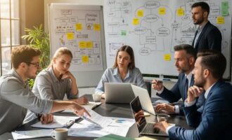 Entrepreneurs collaborating on startup legal guidance in a modern office