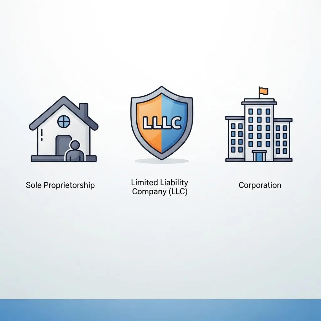 Icons representing different legal structures for startups: sole proprietorship, LLC, and corporation