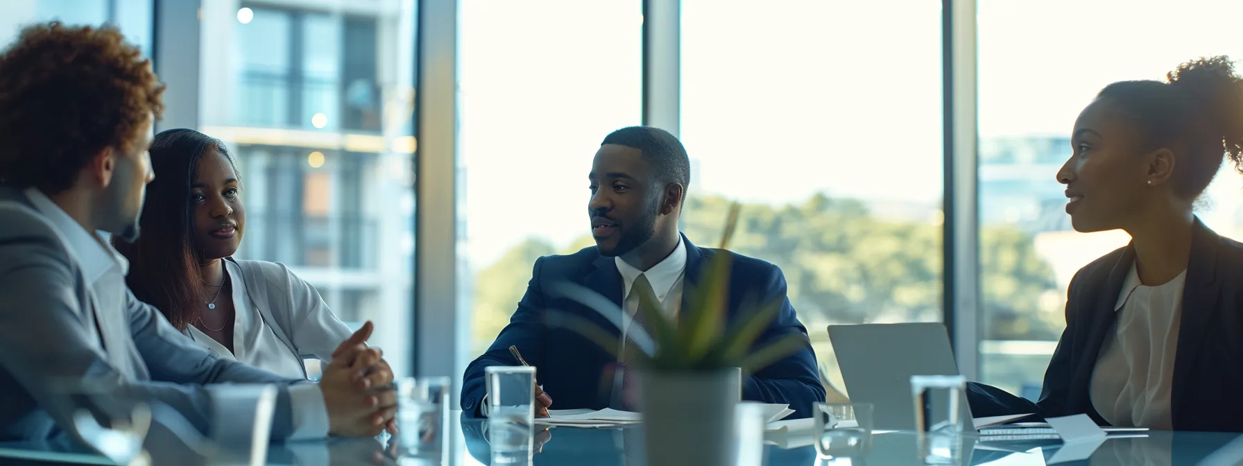 business professionals engage in a focused discussion in a modern conference room.